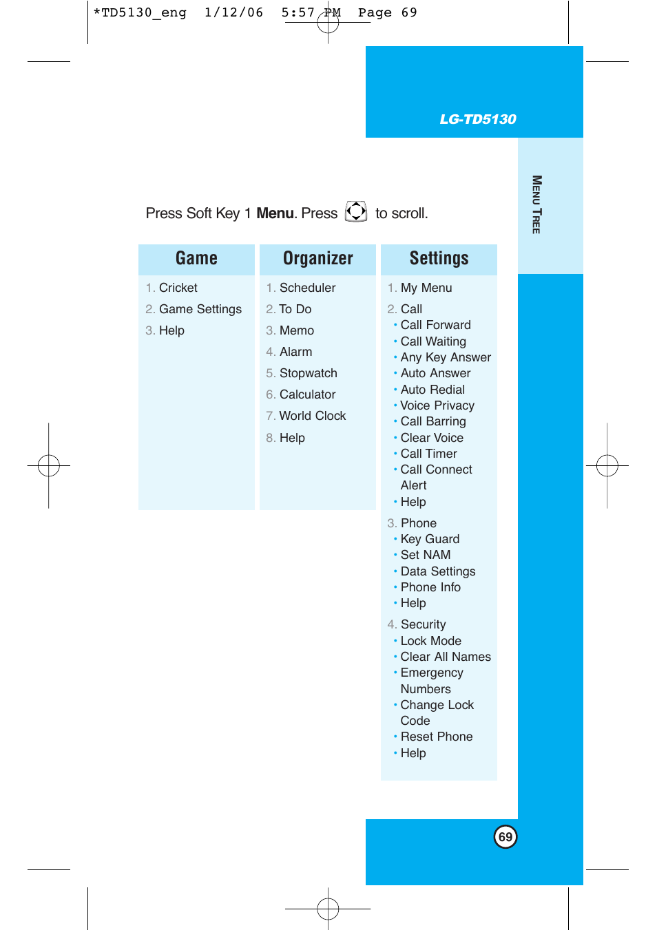 Game organizer settings | LG -TD5130 User Manual | Page 70 / 92