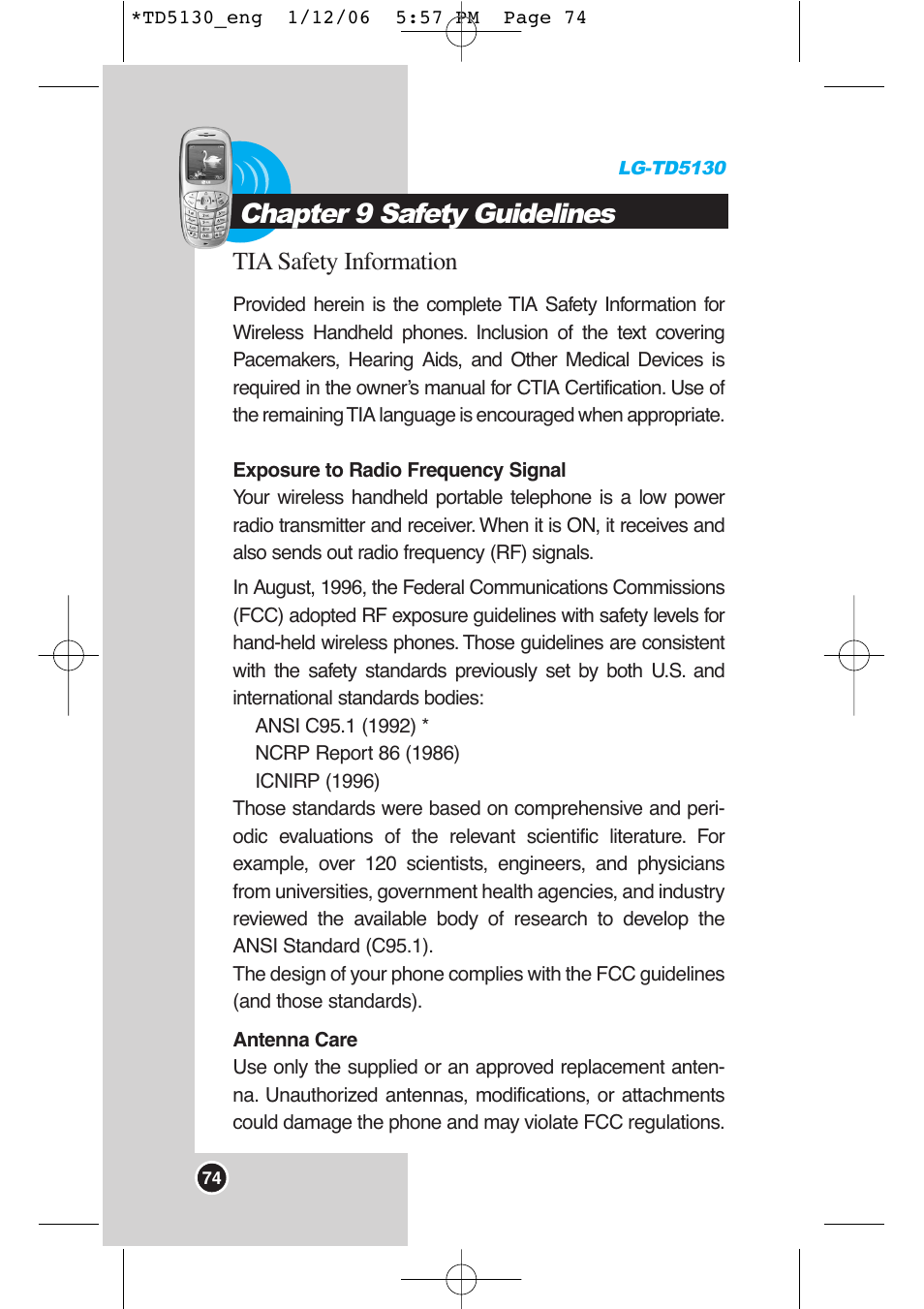 Chapter 9 safety guidelines, Tia safety information | LG -TD5130 User Manual | Page 75 / 92