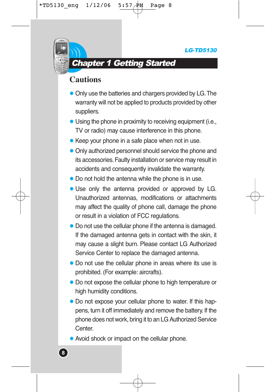 Chapter 1 getting started, Cautions | LG -TD5130 User Manual | Page 9 / 92