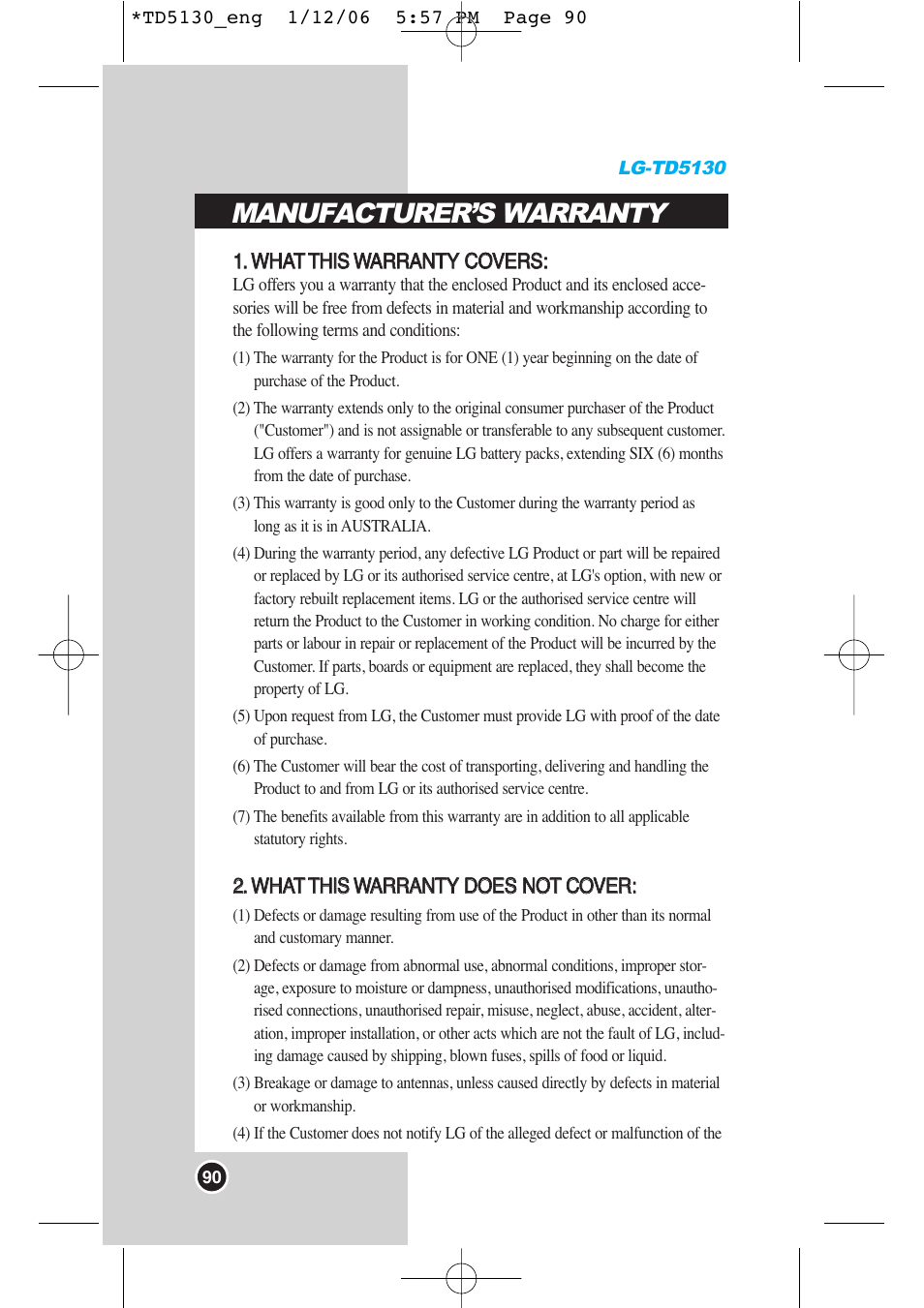 Manufacturer’s warranty | LG -TD5130 User Manual | Page 91 / 92