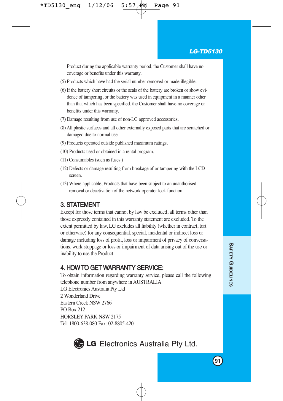 Electronics australia pty ltd | LG -TD5130 User Manual | Page 92 / 92