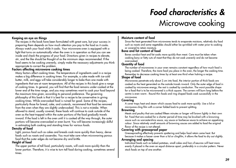 Food characteristics & microwave cooking | LG MC-924JLA User Manual | Page 29 / 35