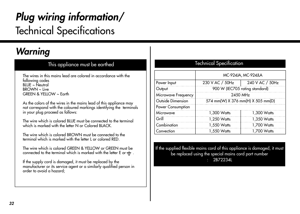 Plug wiring information/ technical specifications, Warning | LG MC-924JLA User Manual | Page 32 / 35