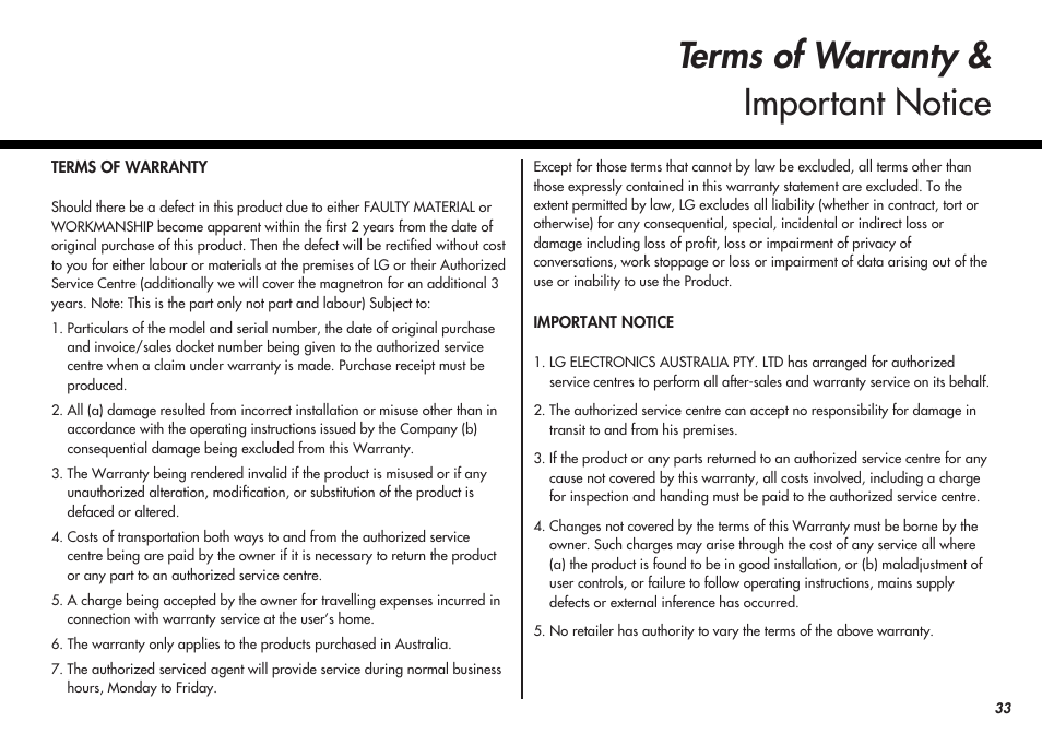 Terms of warranty & important notice | LG MC-924JLA User Manual | Page 33 / 35