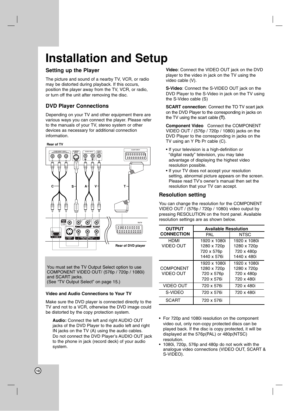 Installation and setup, Setting up the player, Dvd player connections | Resolution setting | LG DVX9900H User Manual | Page 10 / 31