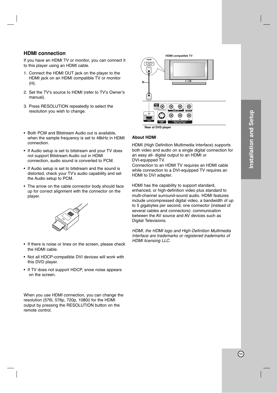 Installation and setup, Hdmi connection | LG DVX9900H User Manual | Page 11 / 31