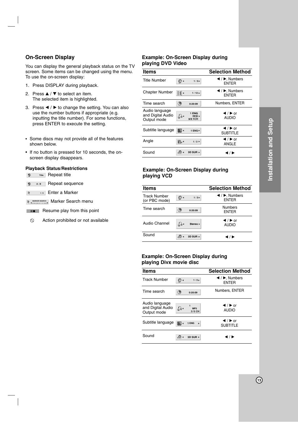 Installation and setup, On-screen display, Selection method | Items | LG DVX9900H User Manual | Page 13 / 31
