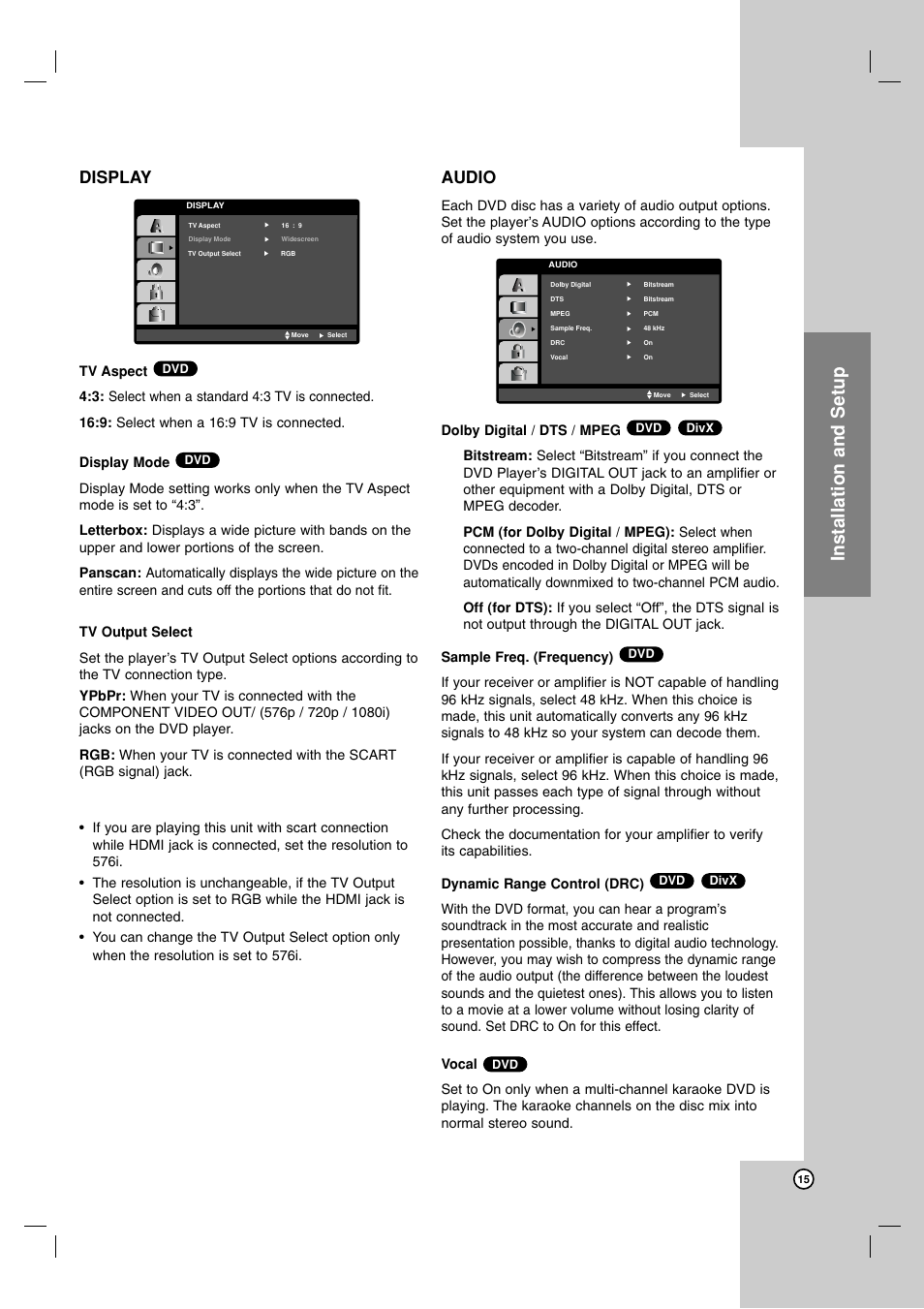 Installation and setup, Display, Audio | LG DVX9900H User Manual | Page 15 / 31