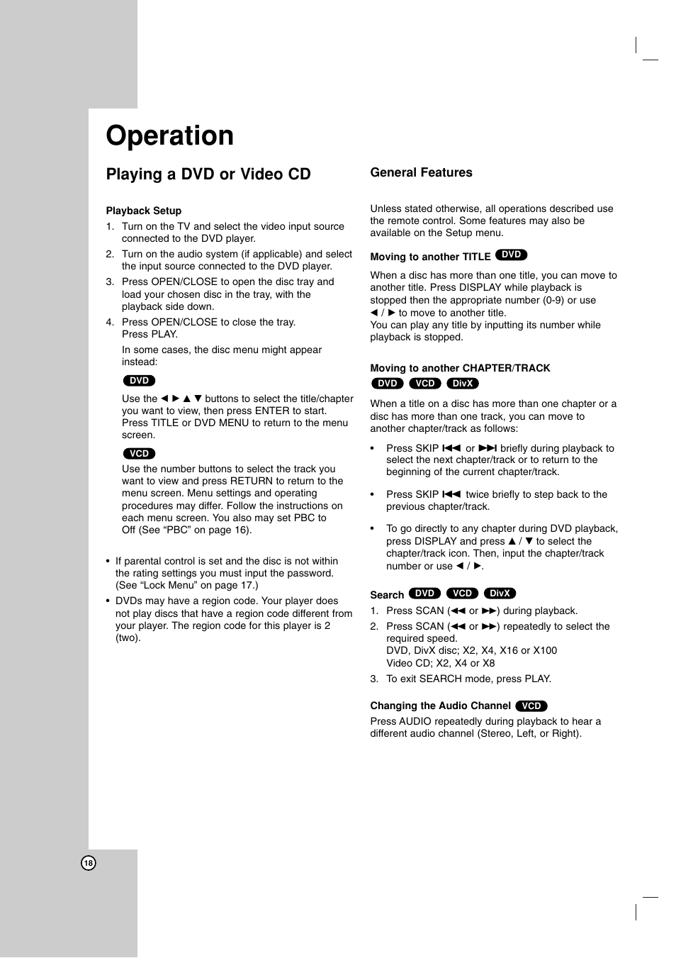 Operation, Playing a dvd or video cd | LG DVX9900H User Manual | Page 18 / 31