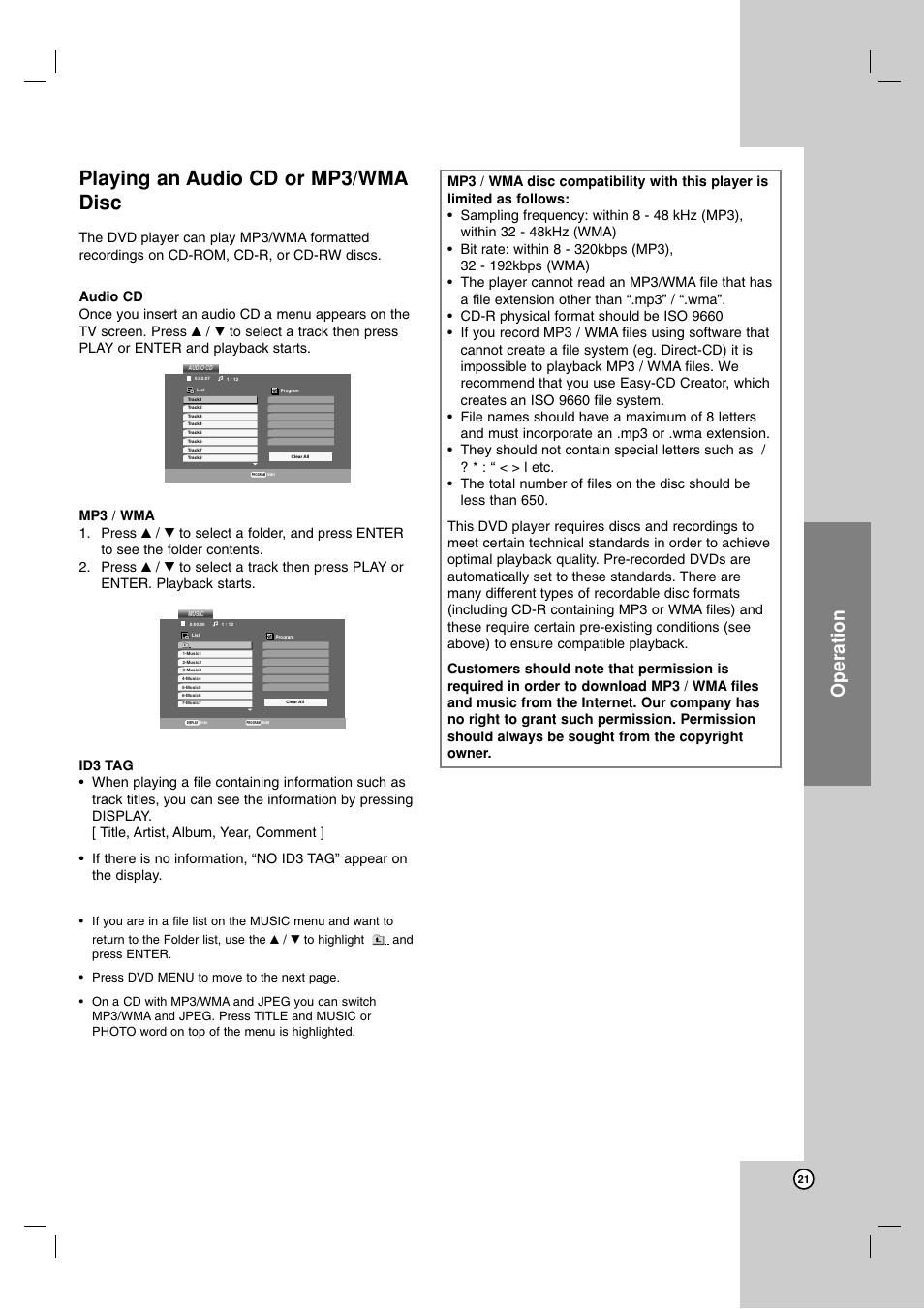 Playing an audio cd or mp3/wma disc, Operation | LG DVX9900H User Manual | Page 21 / 31