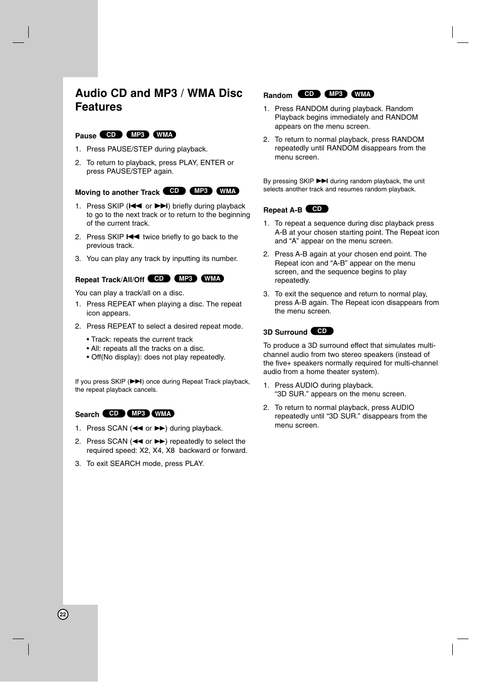 Audio cd and mp3 / wma disc features | LG DVX9900H User Manual | Page 22 / 31