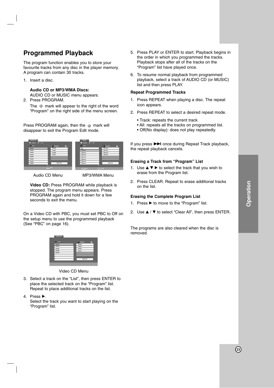 Programmed playback, Operation | LG DVX9900H User Manual | Page 23 / 31