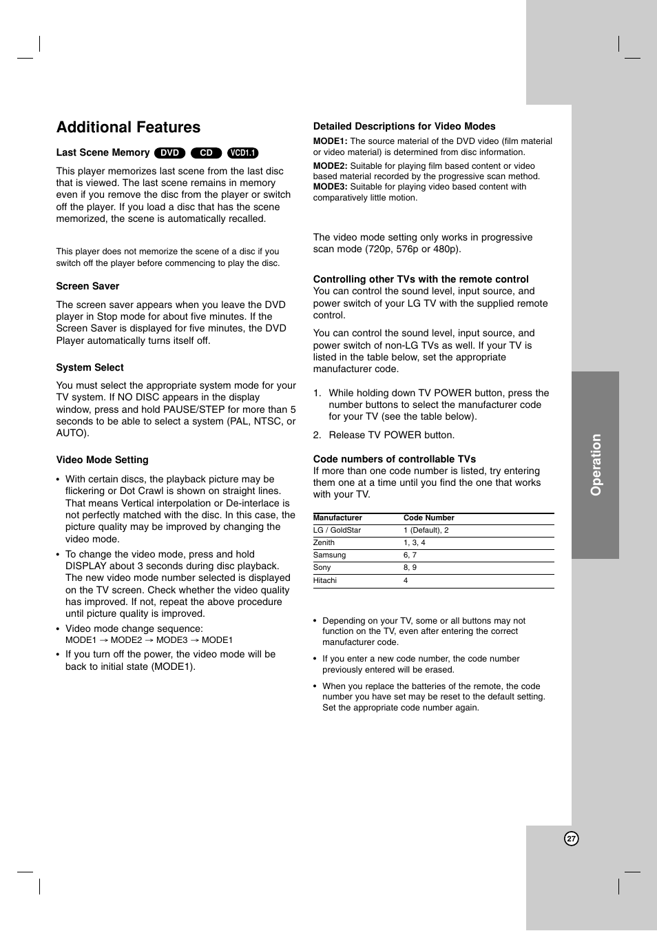 Additional features, Operation | LG DVX9900H User Manual | Page 27 / 31