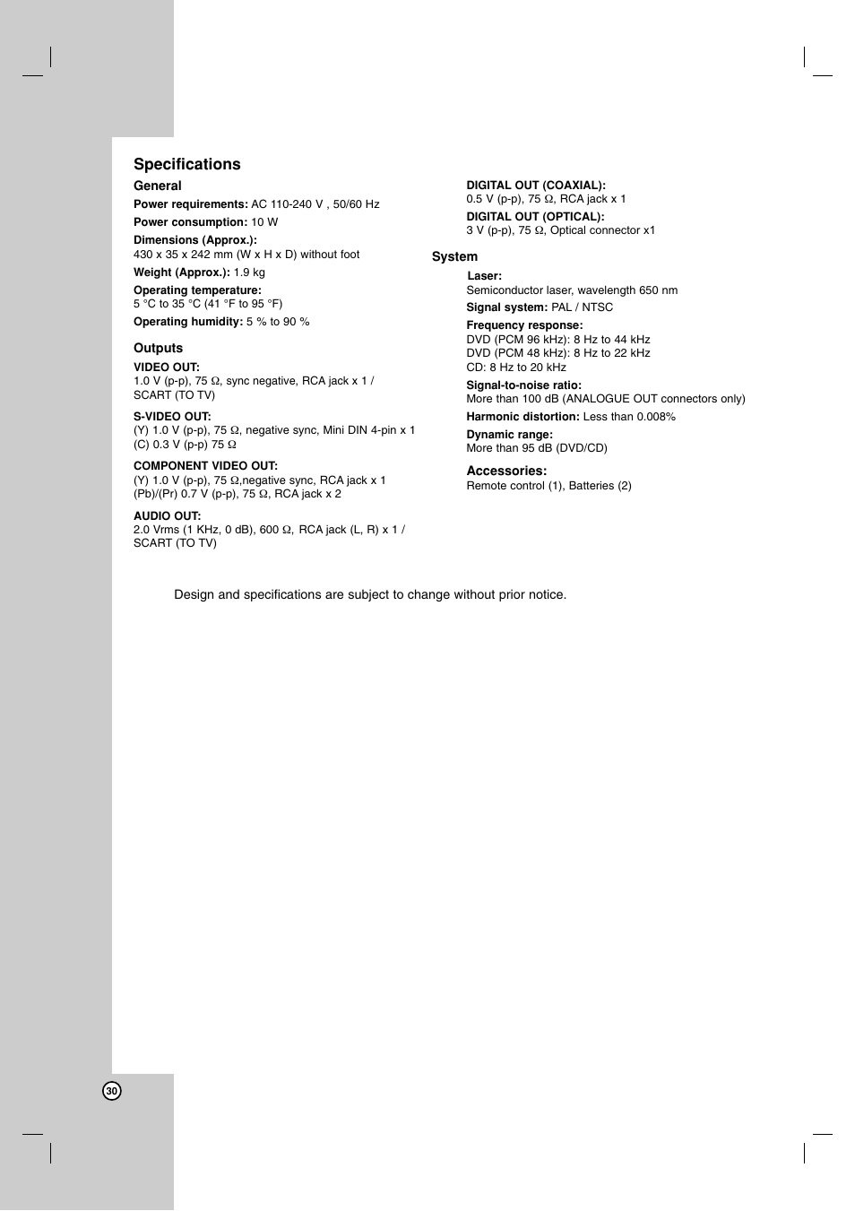 Specifications | LG DVX9900H User Manual | Page 30 / 31