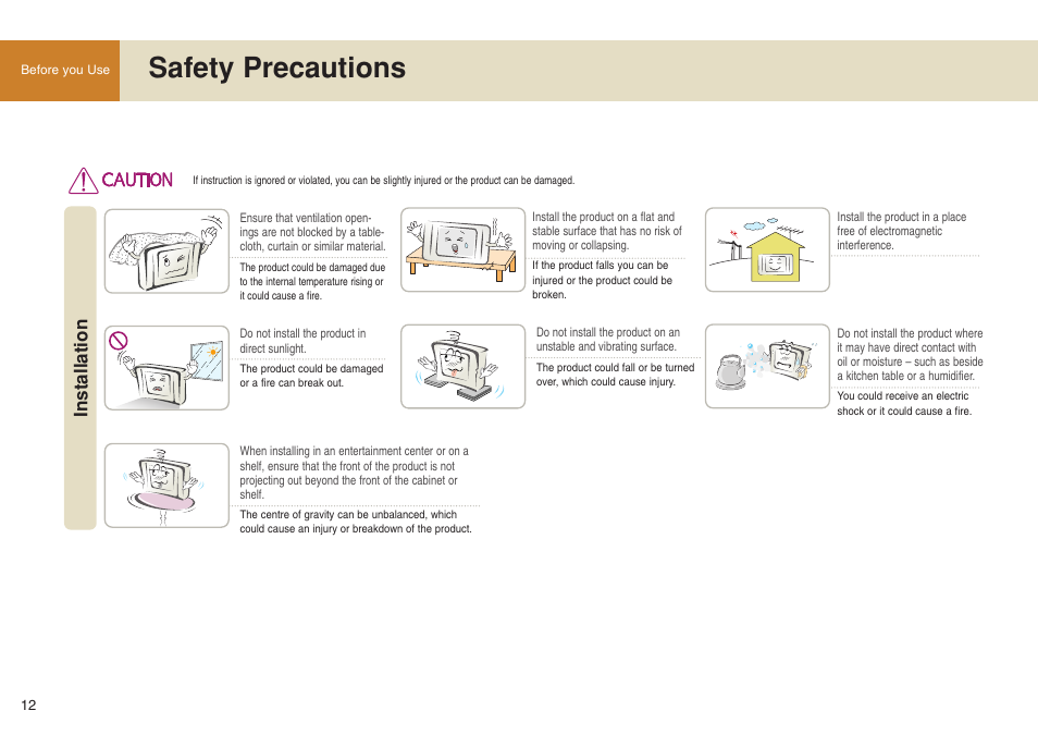 Safety precautions, Installation | LG 15LW1RA User Manual | Page 12 / 68