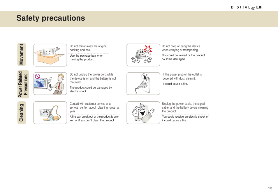 Safety precautions, Movement power related precautions cleaning | LG 15LW1RA User Manual | Page 13 / 68