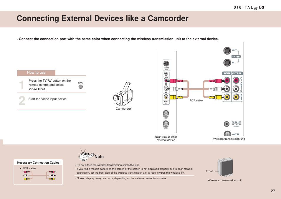 Connecting external devices like a camcorder | LG 15LW1RA User Manual | Page 27 / 68