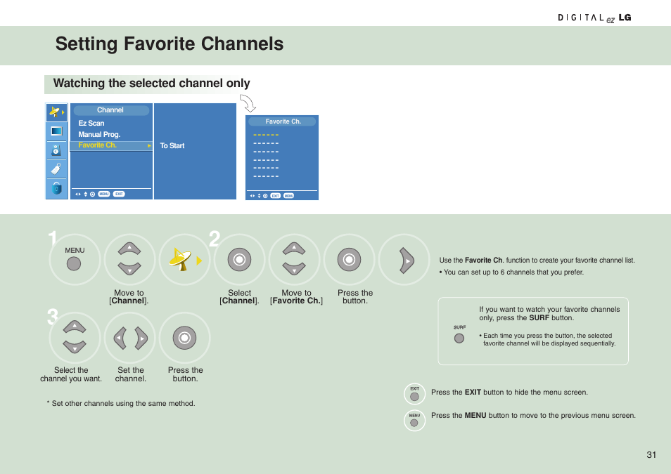 Setting favorite channels, Watching the selected channel only | LG 15LW1RA User Manual | Page 31 / 68