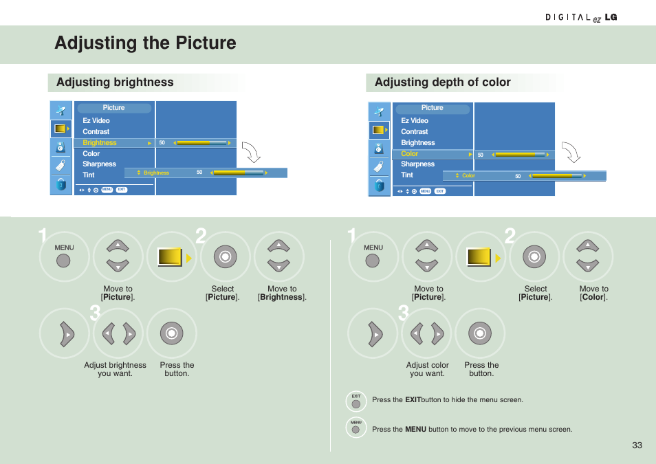 Adjusting the picture, Adjusting brightness adjusting depth of color | LG 15LW1RA User Manual | Page 33 / 68