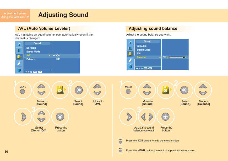 Adjusting sound, Avl (auto volume leveler) adjusting sound balance | LG 15LW1RA User Manual | Page 36 / 68