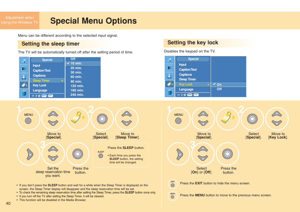 Special menu options, Setting the sleep timer, Setting the key lock | LG 15LW1RA User Manual | Page 40 / 68