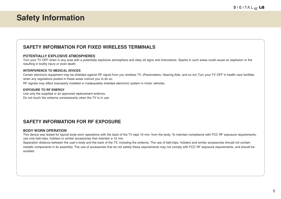 Safety information | LG 15LW1RA User Manual | Page 5 / 68