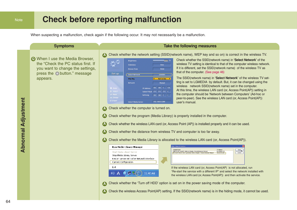 Check before reporting malfunction, Abnormal adjustment | LG 15LW1RA User Manual | Page 64 / 68