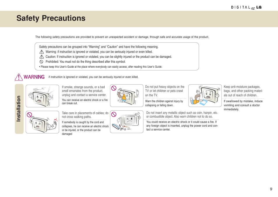 Safety precautions, Installation | LG 15LW1RA User Manual | Page 9 / 68