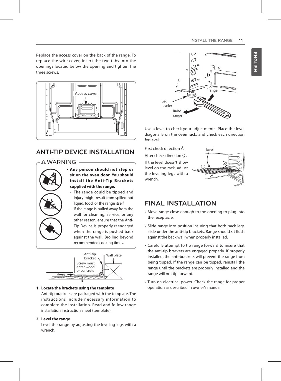 Anti-tip device installation, Final installation, Warning | LG LRE3025ST User Manual | Page 11 / 13