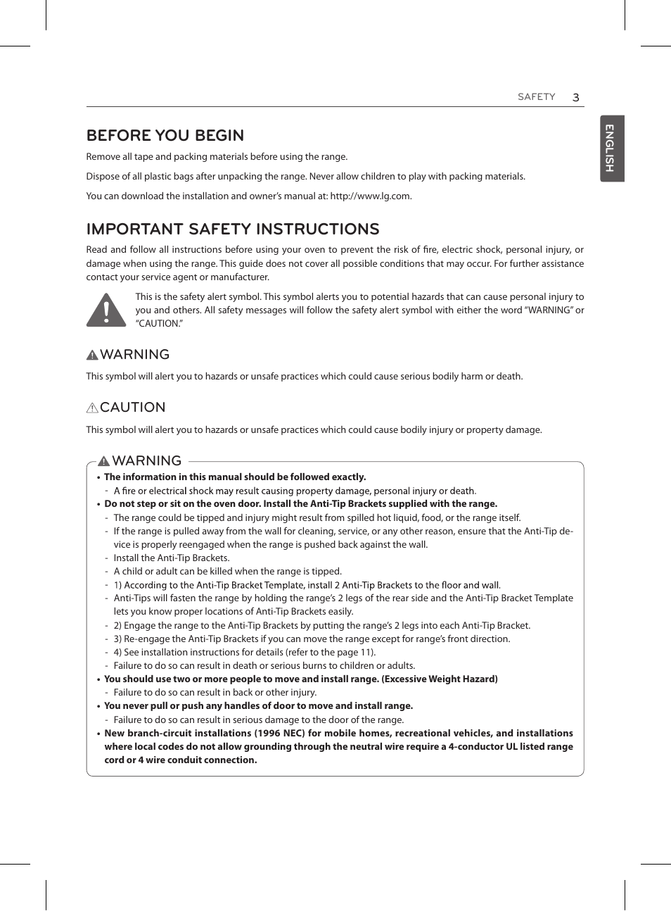 Before you begin, Important safety instructions, Warning | Caution | LG LRE3025ST User Manual | Page 3 / 13