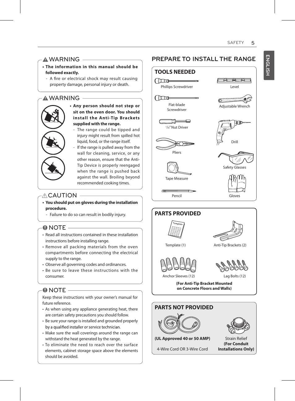 Warning, Caution, Tools needed | Parts provided, Parts not provided | LG LRE3025ST User Manual | Page 5 / 13