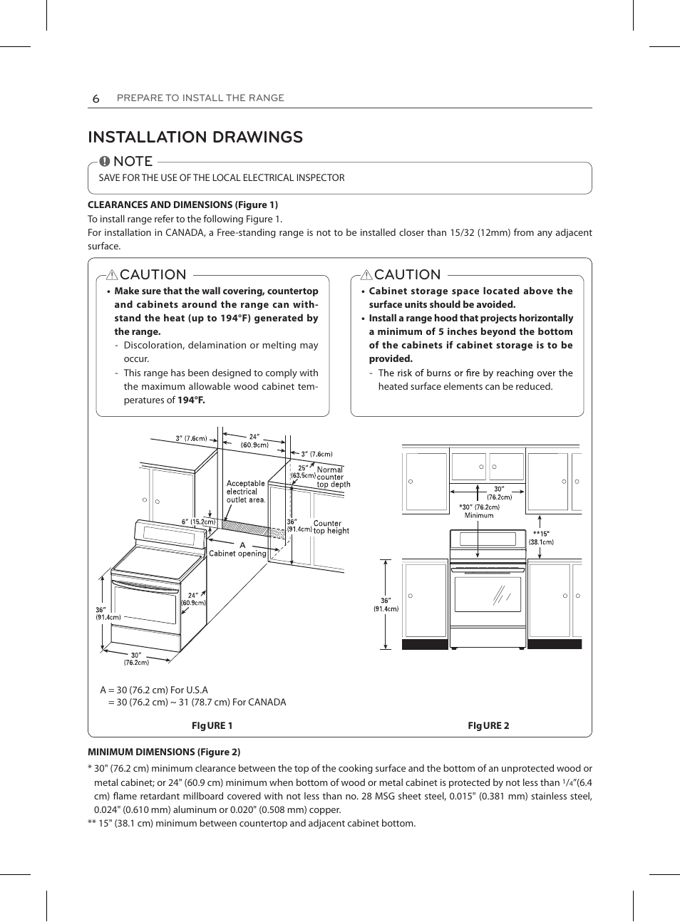 Installation drawings, Caution | LG LRE3025ST User Manual | Page 6 / 13