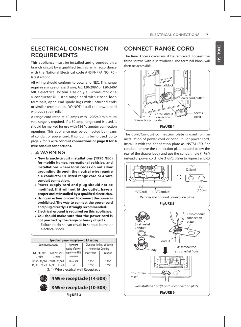 Electrical connection requirements, Connect range cord, Warning | 7english | LG LRE3025ST User Manual | Page 7 / 13