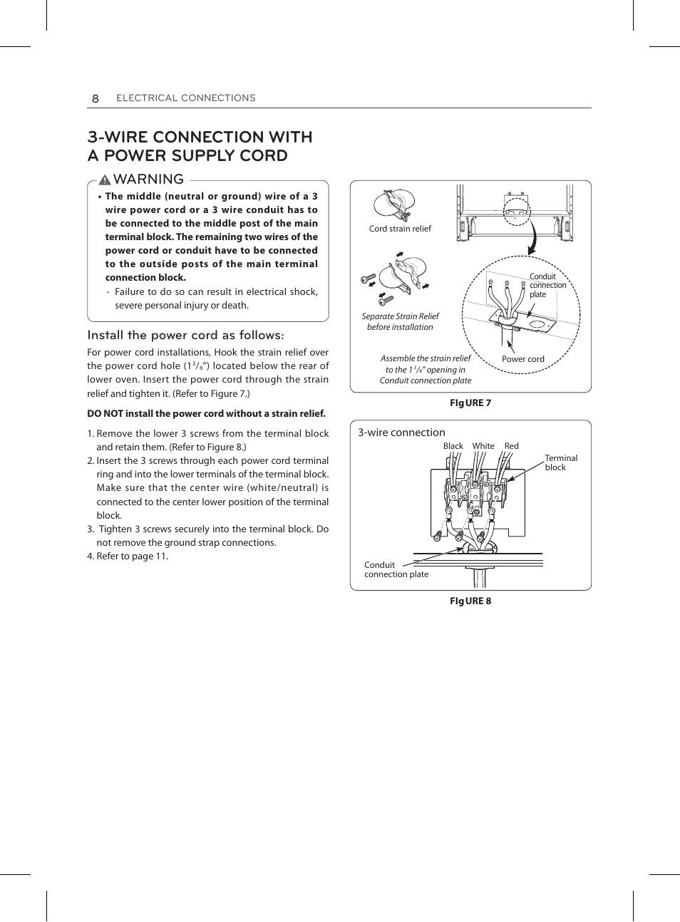 Wire connection with a power supply cord, Warning, Install the power cord as follows | LG LRE3025ST User Manual | Page 8 / 13