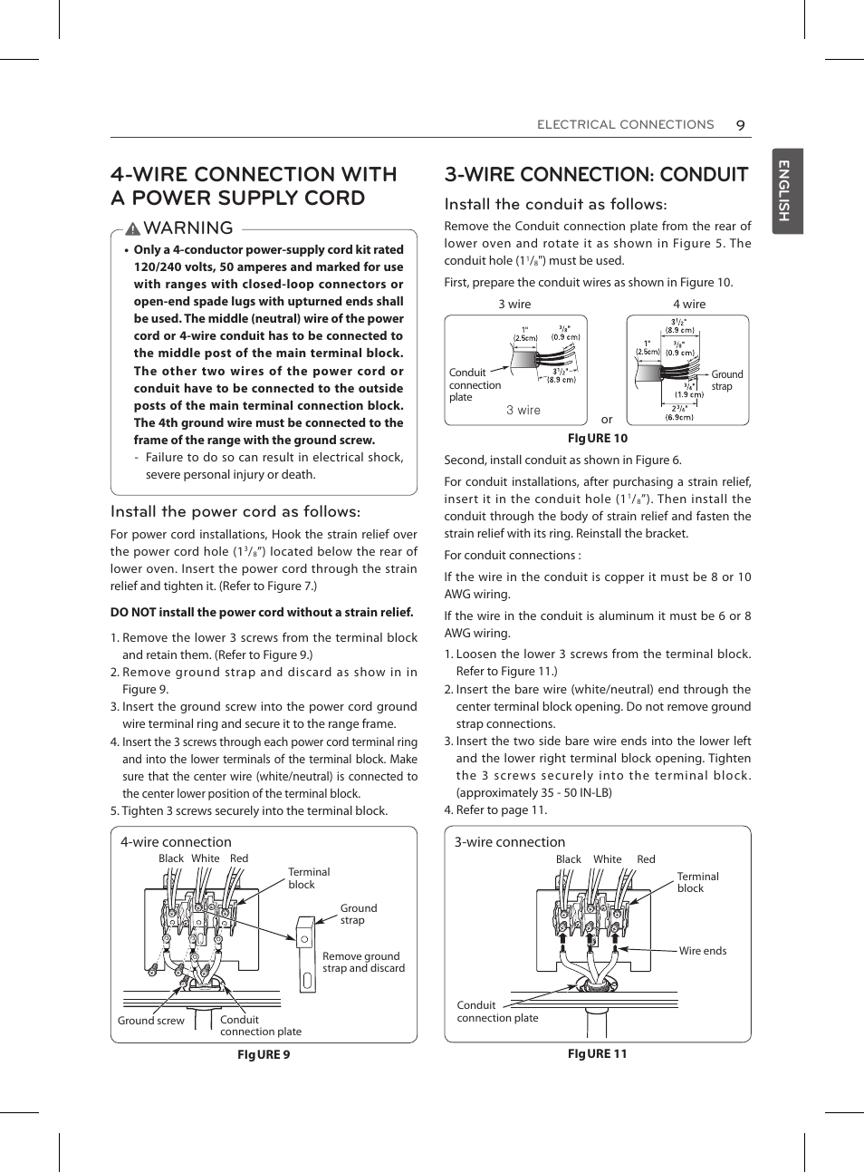 Wire connection with a power supply cord, Wire connection: conduit, Warning | Install the power cord as follows, Install the conduit as follows | LG LRE3025ST User Manual | Page 9 / 13