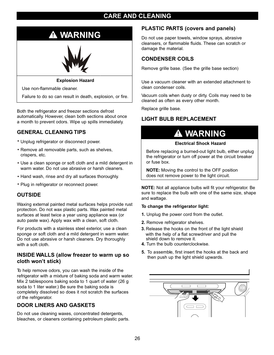 Warning, Care and cleaning | LG LFC20740 User Manual | Page 26 / 36