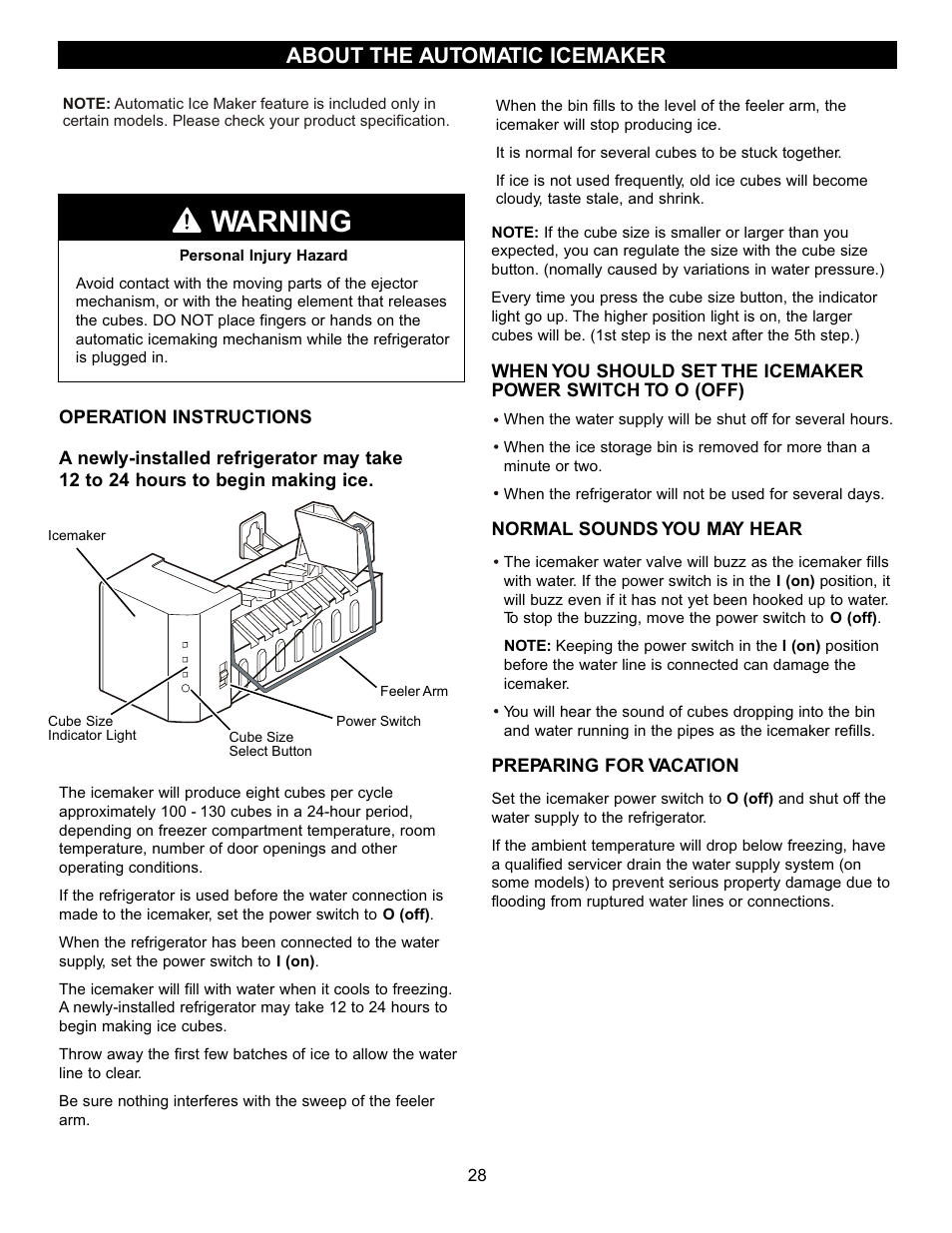 Warning, About the automatic icemaker | LG LFC20740 User Manual | Page 28 / 36