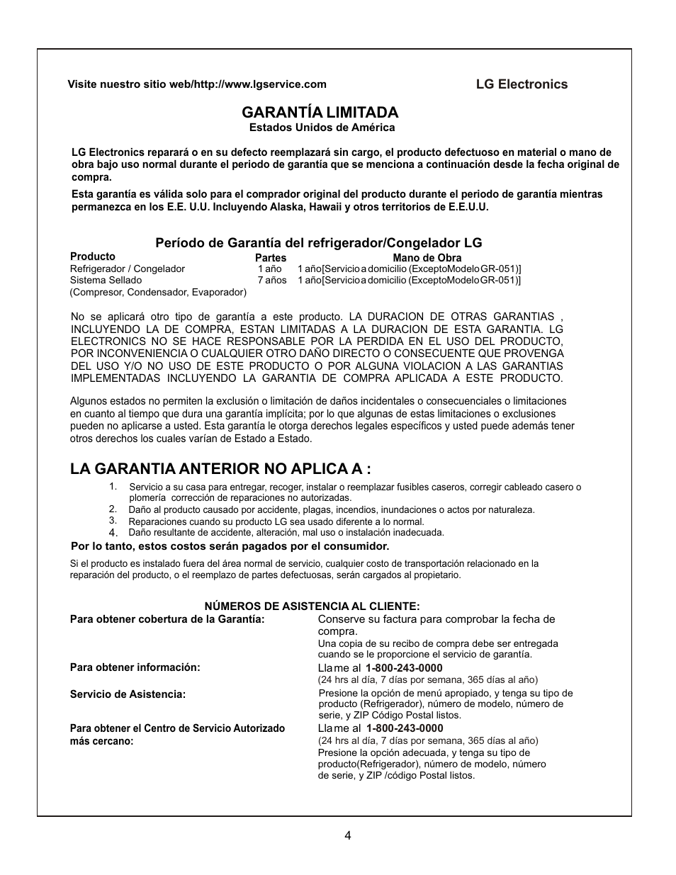 Garantía limitada, La garantia anterior no aplica a | LG LFC20740 User Manual | Page 4 / 36