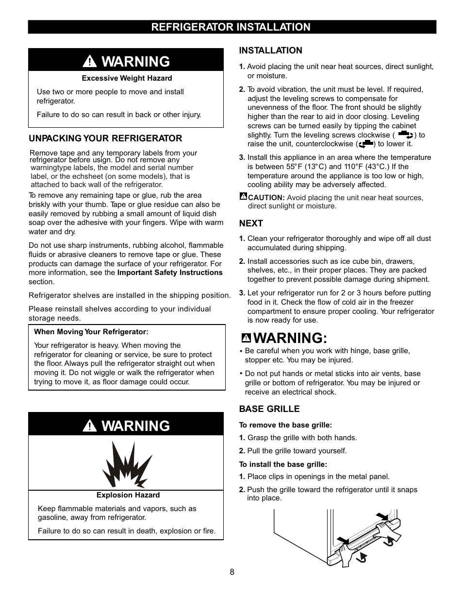 Warning, Refrigerator installation | LG LFC20740 User Manual | Page 8 / 36