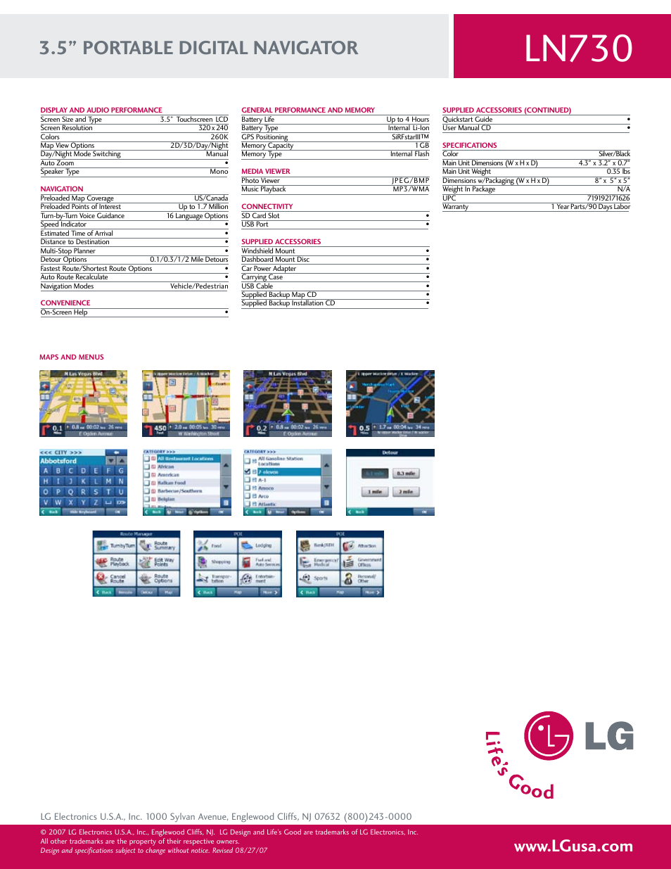 Ln730, 5” portable digital navigator | LG LN730 User Manual | Page 2 / 2
