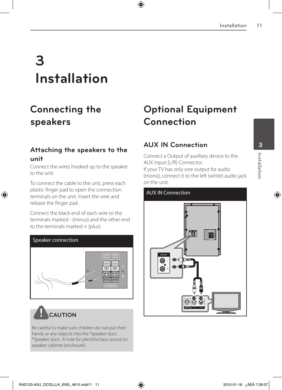 3installation, Connecting the speakers, Optional equipment connection | LG RAS125F User Manual | Page 11 / 23