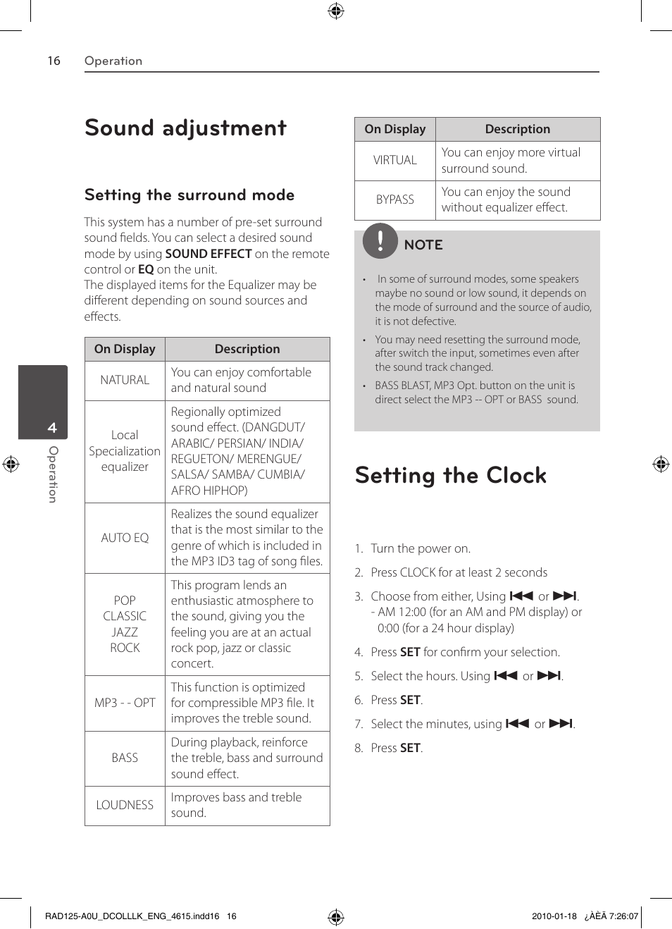 Sound adjustment, Setting the clock, Setting the surround mode | LG RAS125F User Manual | Page 16 / 23