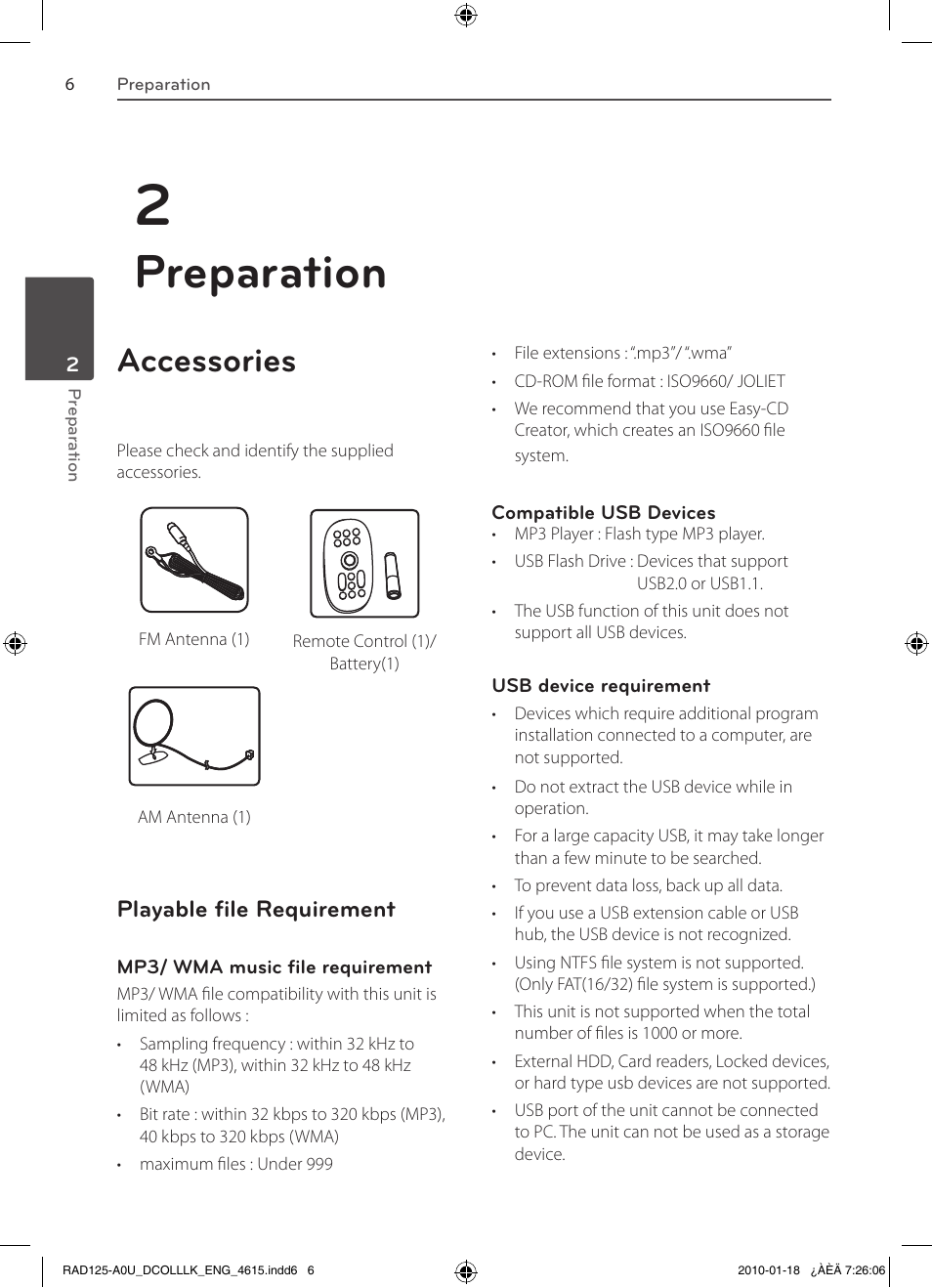 Preparation, Accessories, Playable file requirement | LG RAS125F User Manual | Page 6 / 23