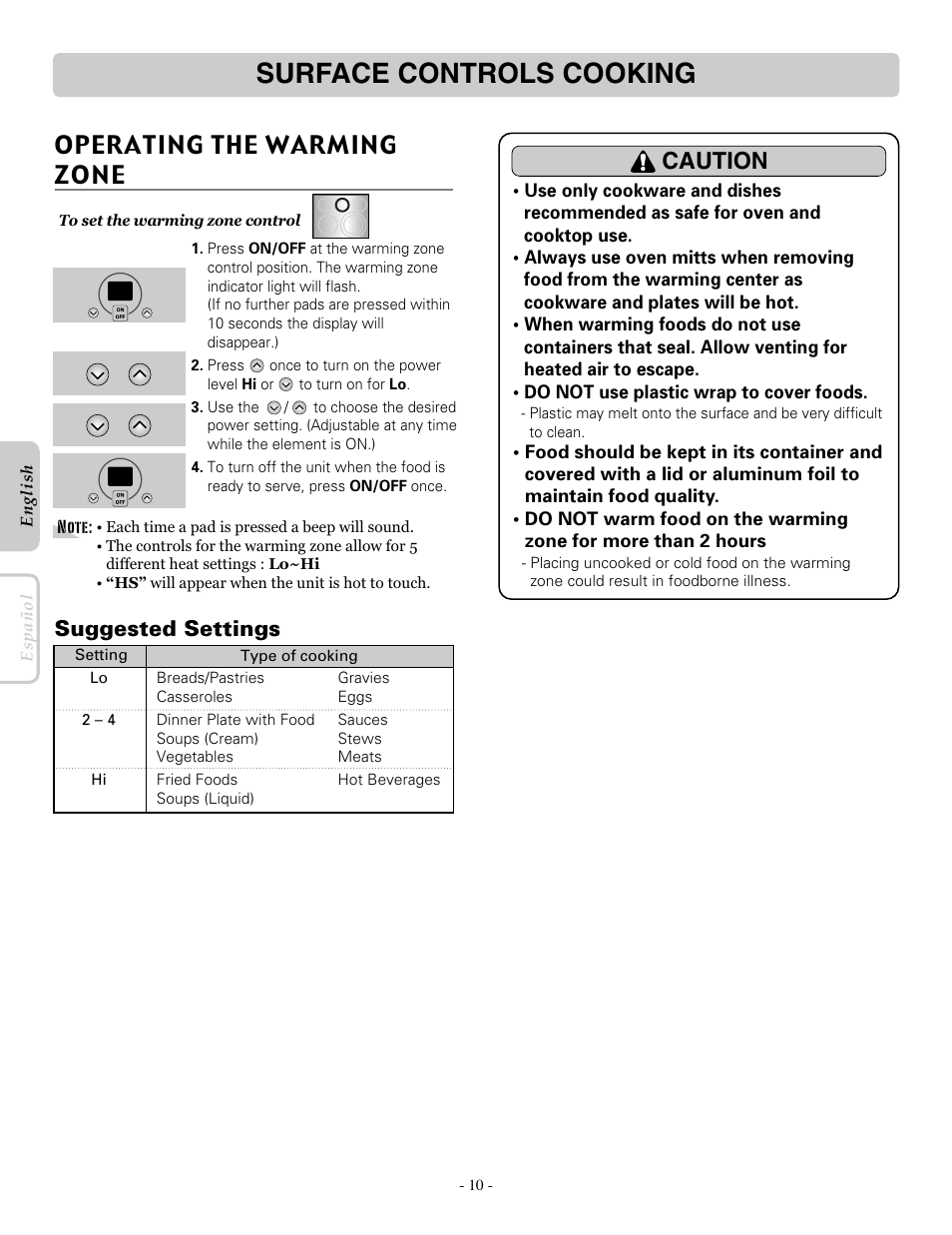 Surface controls cooking, Operating the warming zone, Caution | Suggested settings | LG LRE30757ST User Manual | Page 10 / 40