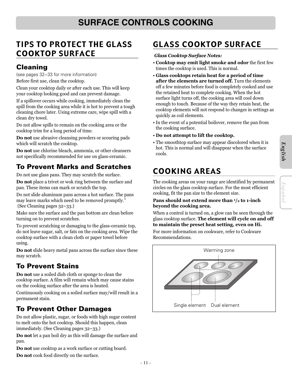 Surface controls cooking, Tips to protect the glass cooktop surface, Cooking areas | Cleaning | LG LRE30757ST User Manual | Page 11 / 40