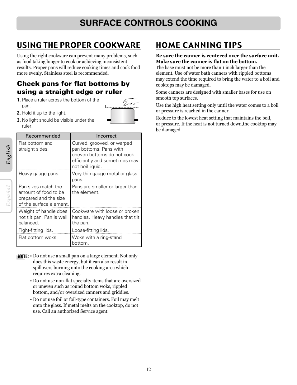 Surface controls cooking, Home canning tips, Using the proper cookware | LG LRE30757ST User Manual | Page 12 / 40