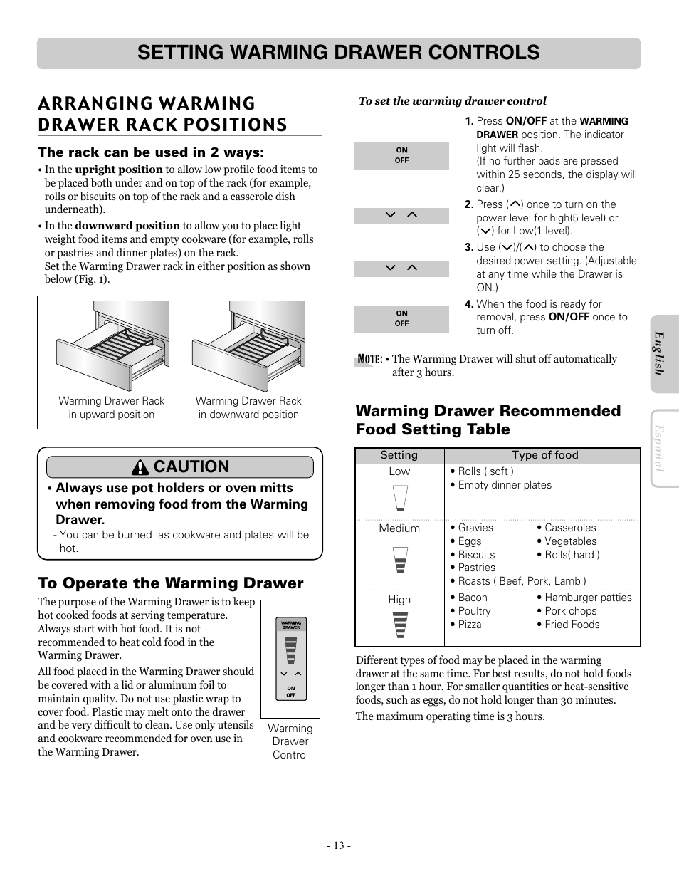 Setting warming drawer controls, Arranging warming drawer rack positions, Caution | Warming drawer recommended food setting table | LG LRE30757ST User Manual | Page 13 / 40