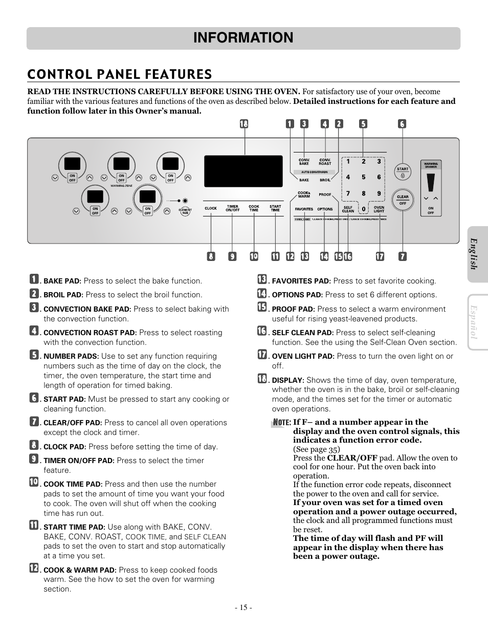 Information, Control panel features | LG LRE30757ST User Manual | Page 15 / 40