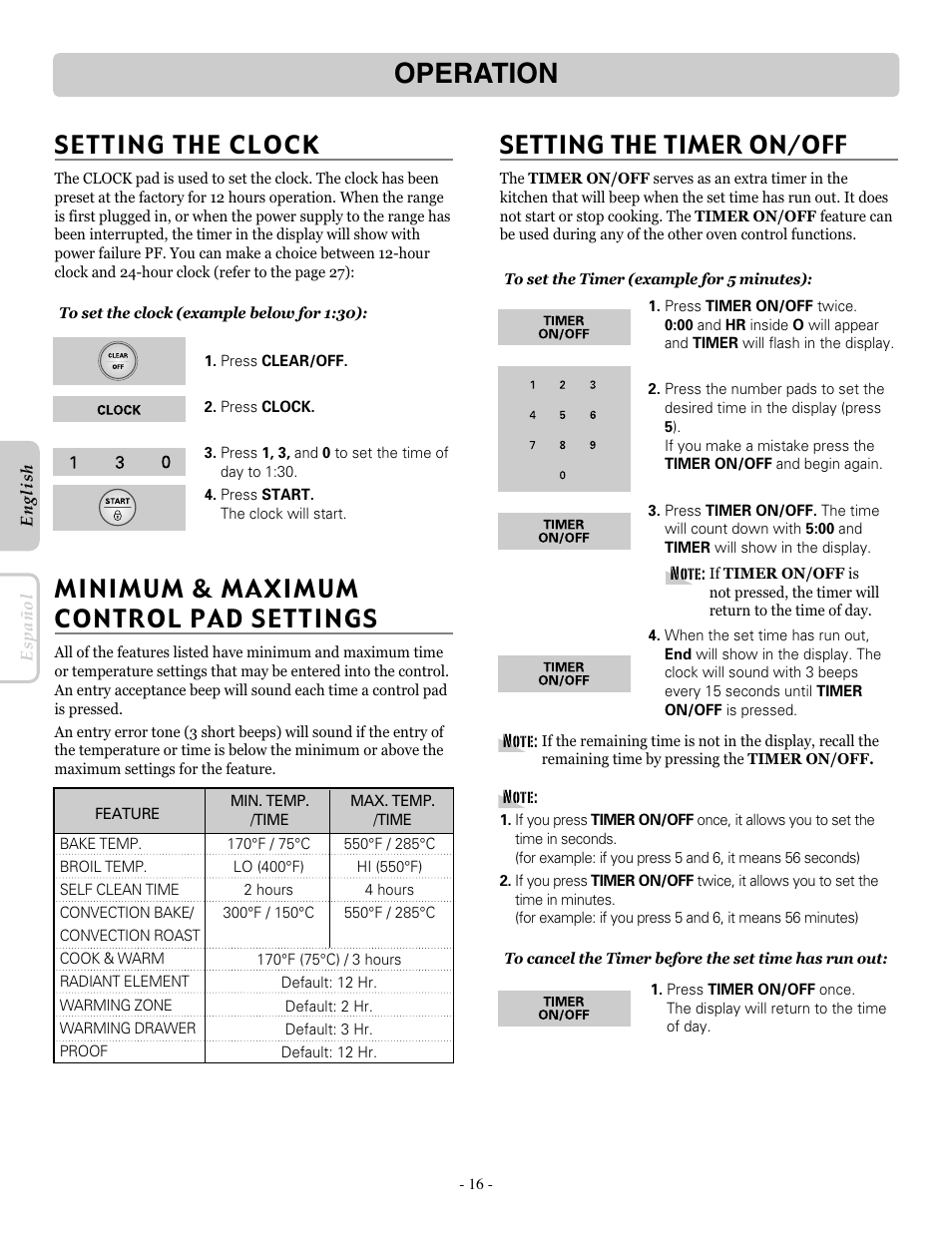 Operation, Setting the clock, Minimum & maximum control pad settings | Setting the timer on/off | LG LRE30757ST User Manual | Page 16 / 40