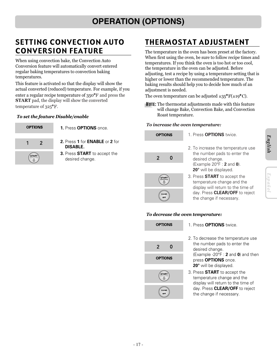 Operation (options), Setting convection auto conversion feature, Thermostat adjustment | LG LRE30757ST User Manual | Page 17 / 40